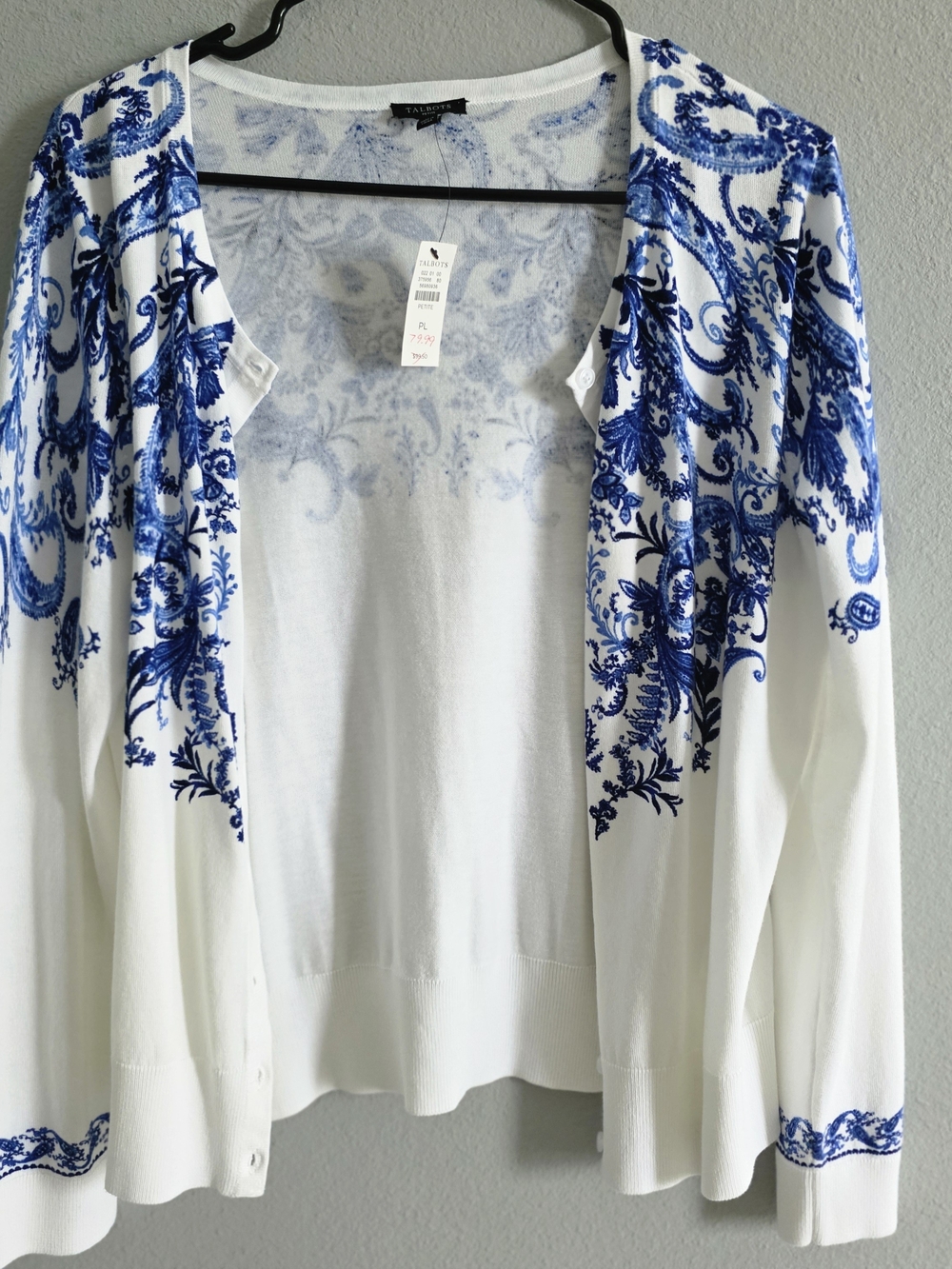 Talbots White Cardigan Sweater with Blue Paisley Print